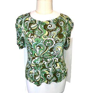 Cha Cha Vente - Woman's 1X Top Green 60's Outline Print Boat Neck Ruched Sleeve